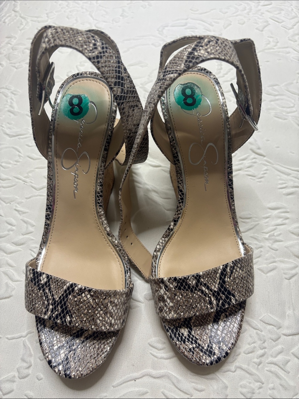 Jessica Simpson Snake Print Open Toe Ankle Strap Heels - Taupe/Black